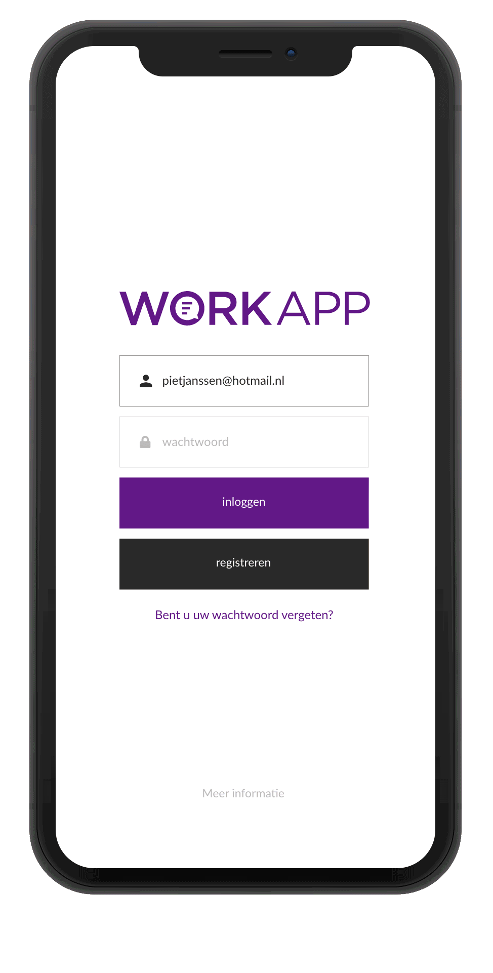 WorkApp-interface screenshots op een telefoonmock-up